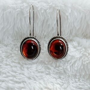 Sterling Silver 925 Oval Amber Drop Earrings Rope Bezel Artisan